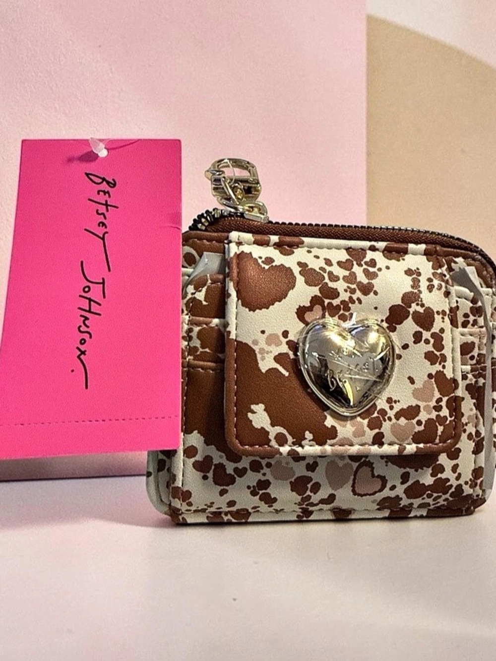 Betsey Johnson Heart Cow-Print Wristlet Wallet Brown & Cream
